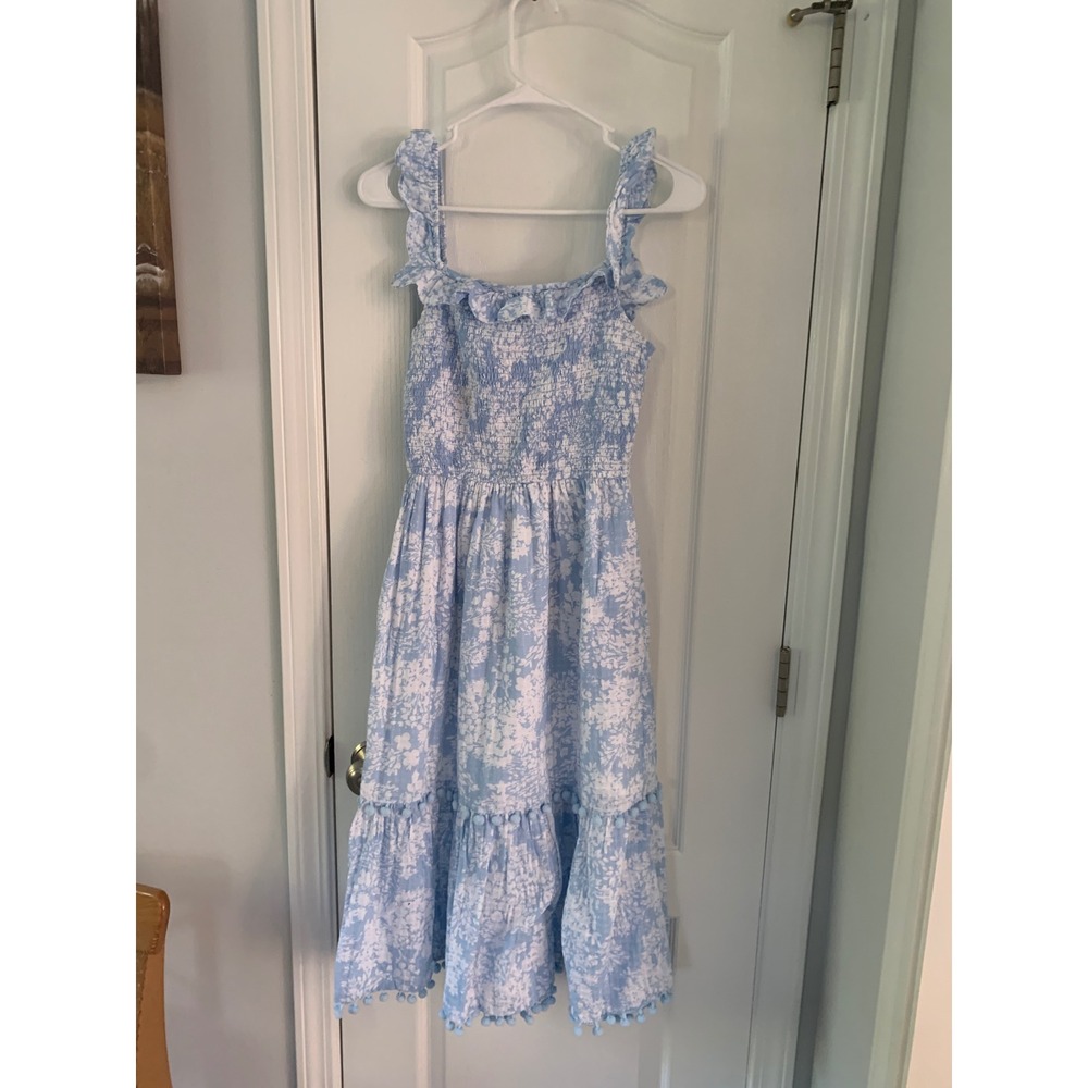 Blue White Floral Smocked Cotton Midi Dress Ruffle Pom Pom Trim Pockets RN 31104